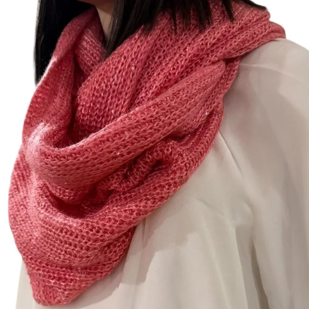 Pink Infinity Sequins Wide Knitted Scarf - NEW
